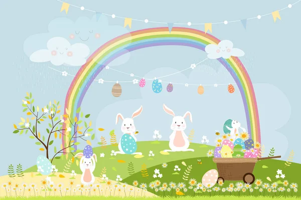 Spring Field Rainbow Bunny Hunting Easter Eggs Vector Cute Cartoon — Stock Vector