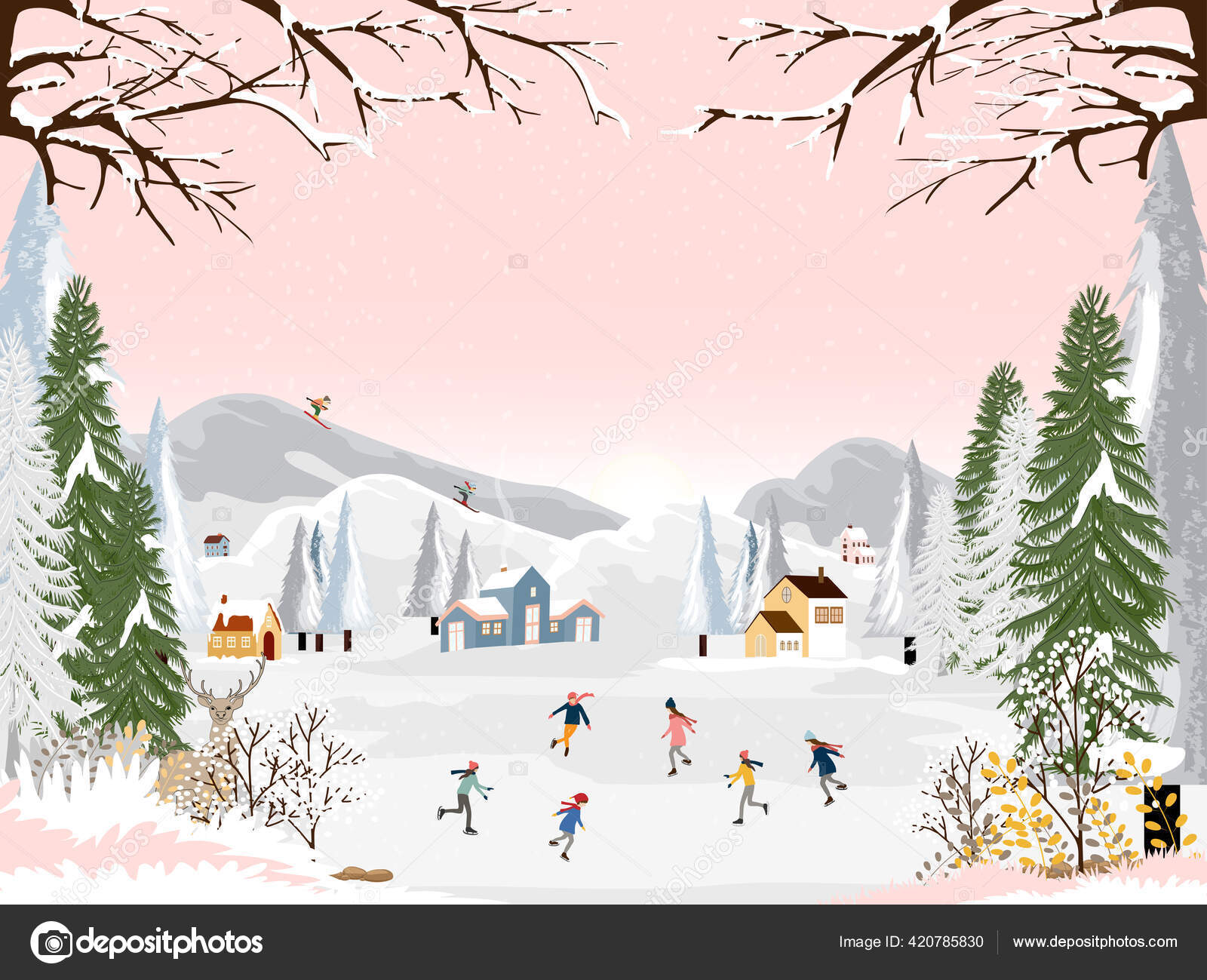 Vector Of Horizontal Banner Of Winter Wonderland At Countryside With Snow  Covering Happy With Kids Sledding In The Winter Park And Couple With Skiing  On The Mountain Stock Illustration - Download Image