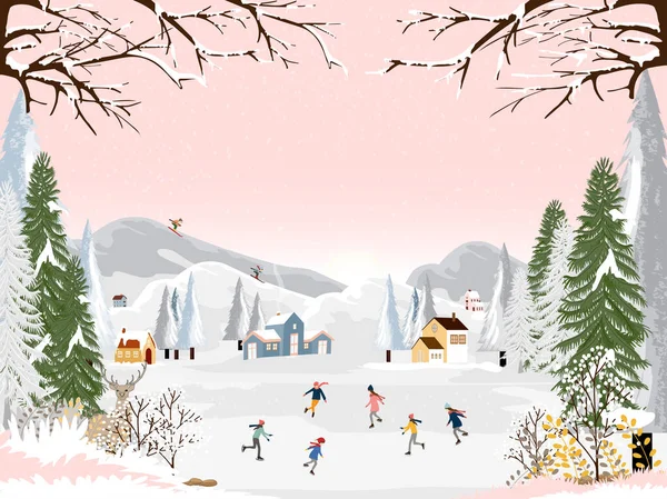 人们在除夕夜进行户外活动的冬季风景 人们庆祝圣诞节的城市风景 孩子们玩冰鞋 孩子们滑雪 — 图库矢量图片