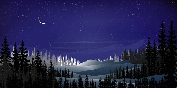 Winter Starry Night Crescent Moon Shining Stars Comet Falling Mountain — Stock Vector