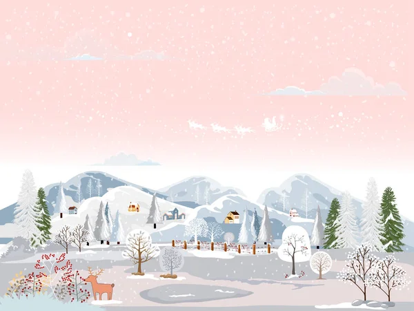 Escena Paisaje Invierno Noche Navidad Pequeño Pueblo Con Casa Las — Vector de stock