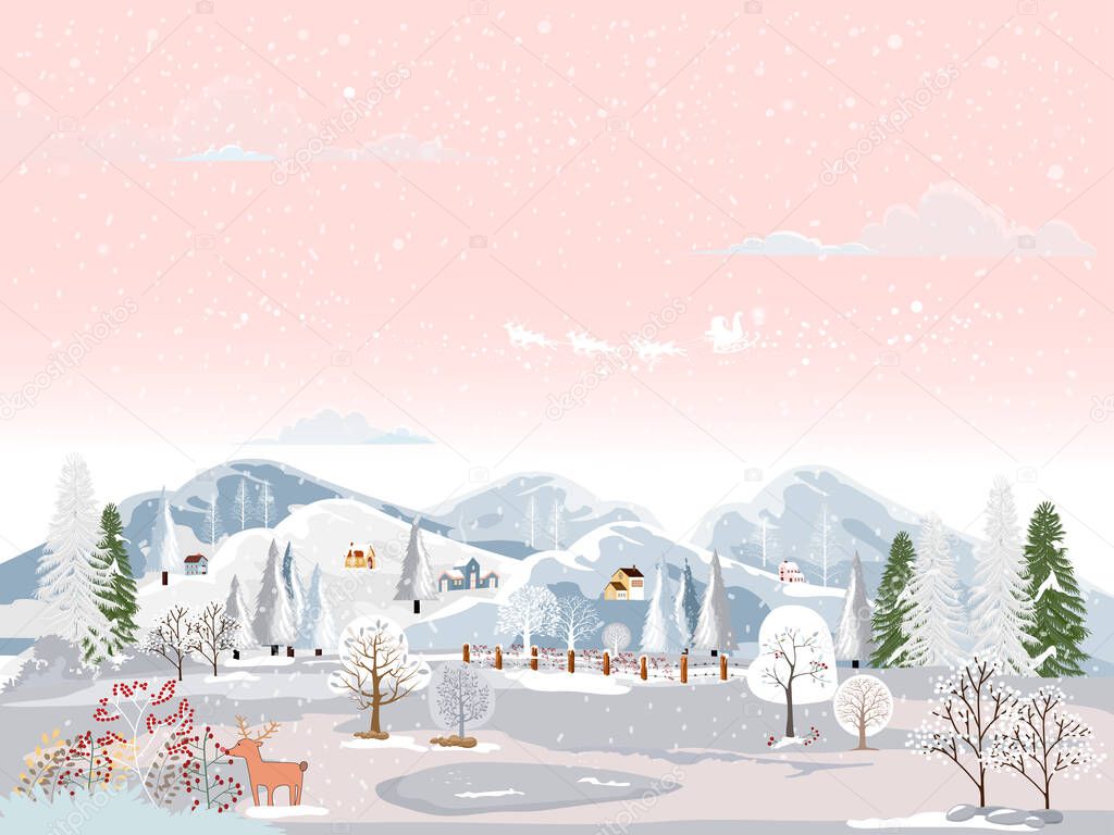 Winter landscape scene in Christmas night at small village with house on hills and Santa sleigh and reindeers flying over the sky with snow falling, Vector of horizontal banner winter wonderland