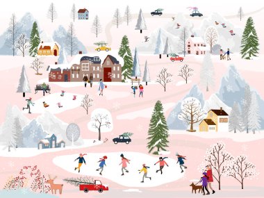 Geceleri kış manzarası, yeni yılda açık havada eğlenen insanlar, Noel tatilinde Vector şehri manzarası kutlanan insanlar, buz pateni oynayan çocuklar, kayak yapan gençler.
