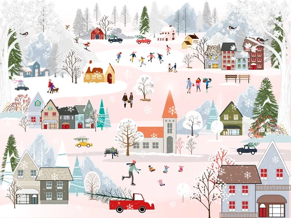 Geceleri kış manzarası, yeni yılda dışarıda eğlenen insanlarla, köyde Noel 'de kutlanan insanlarla, buz pateni oynayan çocuklarla, kar yağan gençlerle kayak yapan çocuklarla 