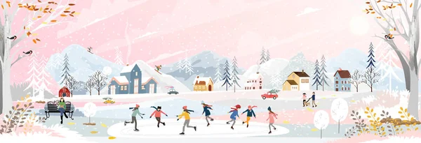 Geceleri kış manzarası, yeni yılda dışarıda eğlenen insanlarla, köyde Noel 'de kutlanan insanlarla, buz pateni oynayan çocuklarla, kar yağan gençlerle kayak yapan çocuklarla 