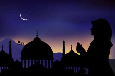 Cami silueti, Arap kadınları namaz kılıyor, ramazan ayının karanlığında çölde yürüyen aile ve deve, İslami cami ve hilal geçmişiyle dua eden Müslüman kadın, Ramazan Kareem 