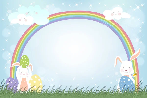 Happy Easter Spring Nature Bunny Egg Hunt Green Field Rainbow - Stok Vektor