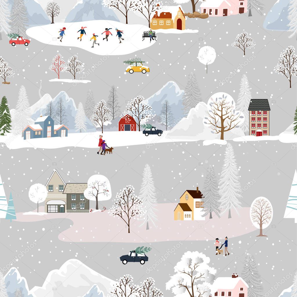 Seamless pattern Winter landscape in small town with people celebrating, Vector cute winter wonderland in the village with happy people playing ice skate in the park.