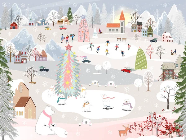 冬夜的风景 北极熊和人们在新年进行户外活动 圣诞节的时候 村里的人都在庆祝 孩子们在滑冰 青少年们在下雪的情况下滑雪 — 图库矢量图片