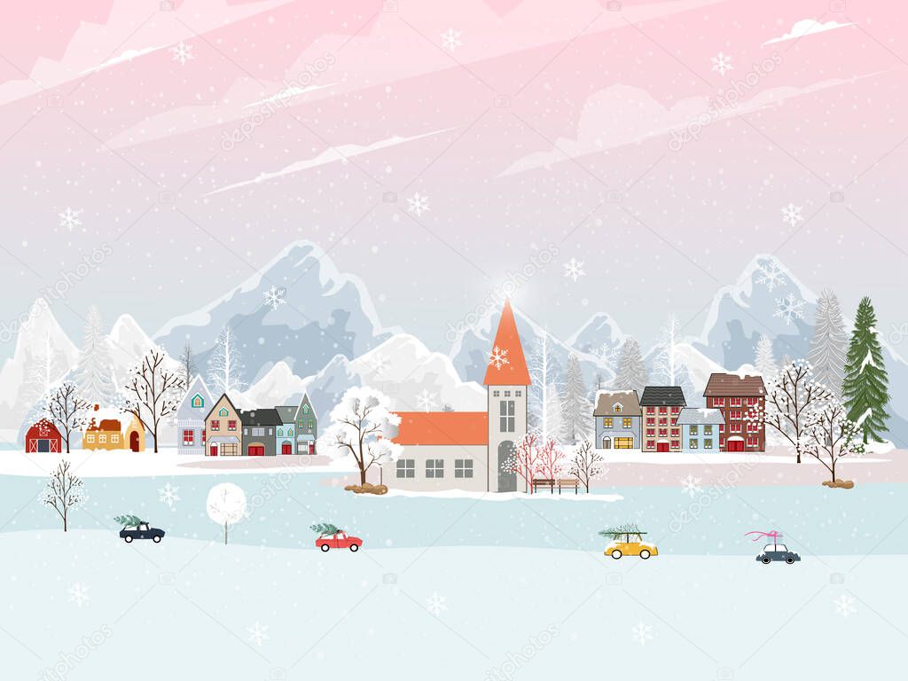 Winter landscape in village with cute cartoon of fairies house, Christmas night at small town in winter,Vector illustration banner for Merry Christmas and New year background