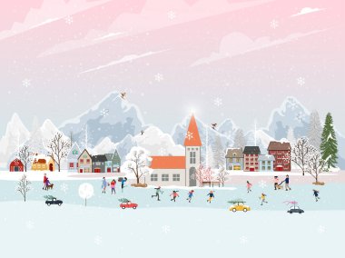 Geceleri kış manzarası, yeni yılda dışarıda eğlenen insanlarla, köyde Noel 'de kutlanan insanlarla, buz pateni oynayan çocuklarla, kar yağan gençlerle kayak yapan çocuklarla 