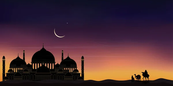 Mosque Silhouette Arab Family Camel Walking Desert Sands Evening Sunset — Stock Vector