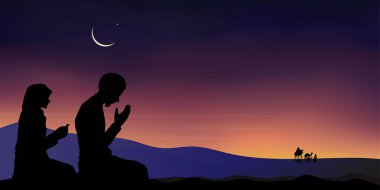 Silüet Müslüman erkek ve kadın, çöl kumunda (salah) namaz kılıyor, Arap ailesi ve deve yürüyüşü, Hilal ay ve yıldızlı İslam camisi, Ramazan Kareem arka planı