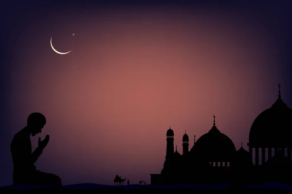 Cami Silueti Arap Kadınları Namaz Kılıyor Ramazan Ayının Karanlığında Çölde — Stok Vektör