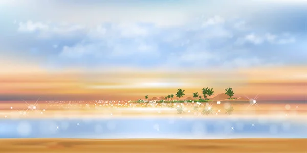 Paysage Marin Tropical Coucher Soleil Avec Océan Bleu Cocotier Sur — Image vectorielle