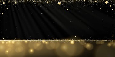 Işıl ışıl parlayan altın parıltısı konfeti, yıldız ve bokeh siyah üzerine, vektör sihirli altın tozu ve pırıl pırıl altın ışıl parlayan sahne arkası, şenlikli Noel, yeni yıl afişi ya da broşür
