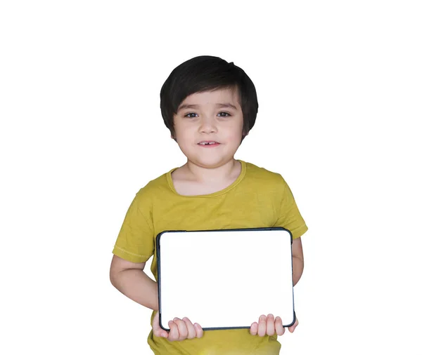 Isolato Felice Bambino Anni Con Volto Sorridente Che Tiene Tablet — Foto Stock