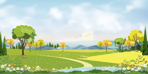 Ciel Bleu Avec Nuage Lac Terres Agricoles Campagne Printemps Village — Image vectorielle