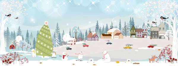 冬季的风景 庆祝圣诞节和新年的夜晚 乡村的水平横幅冬季仙境 公园里快乐的北极熊在嬉戏 — 图库矢量图片