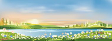 İlkbahar sabahı köyde yeşil çayır tepeler, orangutan ve mavi gökyüzü, Vector çizgi filmi Summer veya Spring panorama göl manzarası, nehir kenarı, yeşil tarla, yabani çiçekler ve gün batımı