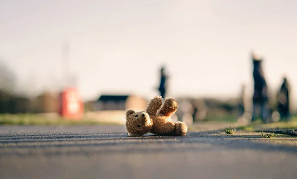 Osito Peluche Perdido Con Cara Triste Que Miente Sendero Con —  Fotos de Stock