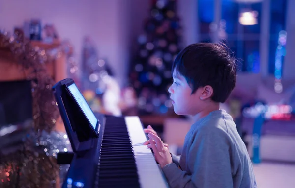 Cinematic Night Portrait Kid Playing Piano Neon Lights Young Boy — Stock Photo, Image