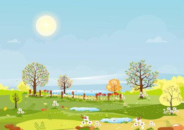 Bahar köyünün panorama manzarası, tepelerde yeşil çayır, mavi gökyüzü ve güneş, Vector çizgi filmi bahar veya yaz manzarası, gölette yüzen aile ördekleri olan panoramik kırsal arazi.