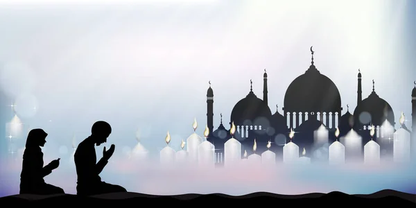 Карточка Мубарак Силуэтом Мечети Свечой Мусульманский Мужчина Женщина Делают Молитву — стоковый вектор