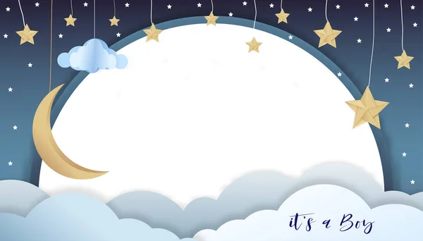 带夜空 云星挂在蓝色背景上的男婴淋浴贺卡的矢量画纸艺术 带有婴儿照片复制空间的可爱剪纸 — 图库矢量图片