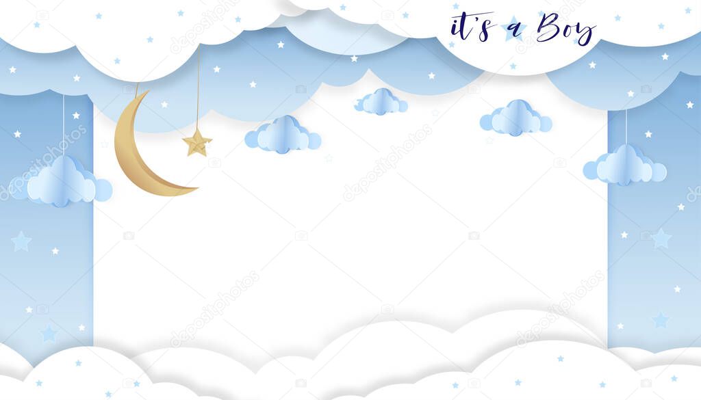 Vector illustration for baby boy shower card on blue background,Paper art abstract origami cloudscape, crescent moon and stars on blue sky,Cute paper cut with copy space for baby's photos