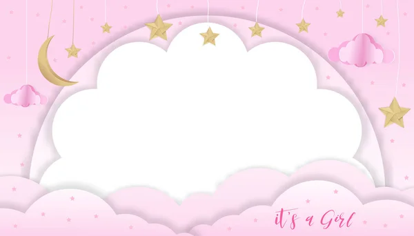 ベクトルイラスト紙アートFor Baby Girl Shower Greeting Card Night Sky 三日月 雲や星がピンクの背景にかかって — ストックベクタ