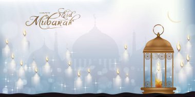 Eid Mubarak card with mosque silhouette with candle light, stars and crescent moon. Ramadan or ramazan kareem background with copy space for Eid ul Fitr or ul Adha. Islam, muslim religion clipart