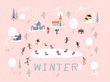İnsanların yeni yılda dışarıda eğlendiği bir kış köyü, şirin vektör Noel tatili, küçük kasabada kutlanan insanlar, buz pateni oynayan çocuklar, kayak yapan gençler.