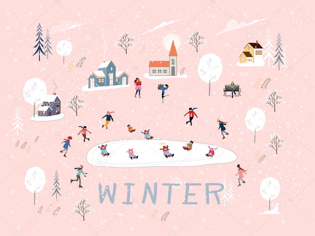Winter village with people having fun doing outdoor activities on new year,Cute Vector  Christmas holidays with people celebration in small town, kid playing ice skates, teenagers skiing