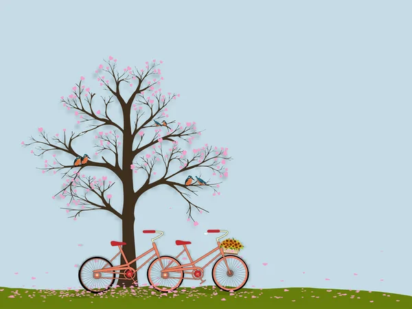 Valentine Δέντρο Kingfisher Πουλί Στέκεται Κλαδιά Ποδήλατο Ροζ Φύλλα Καρδιά — Διανυσματικό Αρχείο