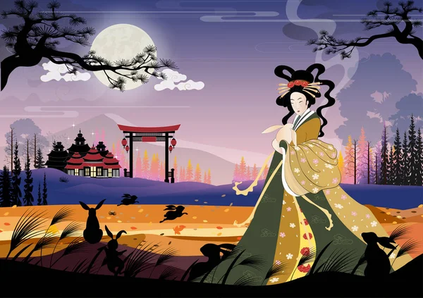 Фестиваль Вектора Середини Осені Феєю Чан Китайською Богинею Місяця Кролячим — стоковий вектор
