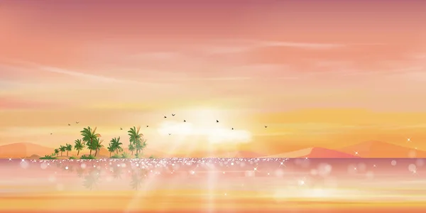 Morning Pink Orange Sky Ocean Tropical Island Panoramic Sea Beach — стоковый вектор