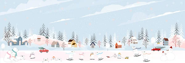 Winter Landscape Celebrating Christmas New Year Village Night Happy Polar — Stock Vector