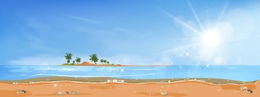  Panorama manzaralı mavi okyanus tropikal deniz manzarası ve adada hindistan cevizi palmiyesi, Panoramik deniz plajı ve mavi gökyüzü ile kum, Vector çizimi düz manzara manzarası yaz tatili için deniz kenarı