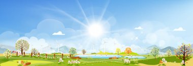 Bahar köyünün panorama manzarası, tepelerde yeşil çayır, mavi gökyüzü ve güneş, Vector çizgi filmi bahar veya yaz manzarası, gölette yüzen aile ördekleri olan panoramik kırsal arazi.