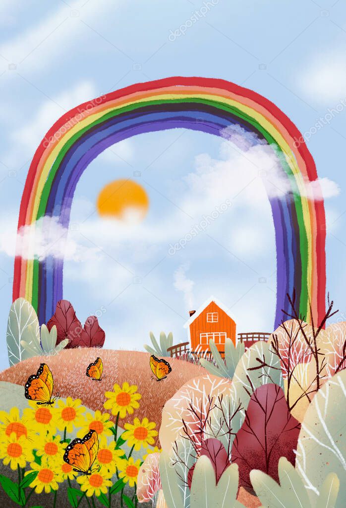 Cute Spring landscape inn farmland with butterfly, wild grass flower on hills, sun, rainbow, fluffy clouds and blue sky, Vertical illustraion cartoon wonderland on sunny day summer, Background holiday for kids