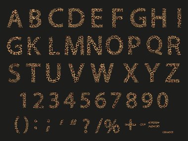 Büyük harf ABC, 9-0 ve Sembol üzerine yabani leopar derisi ile İngiliz alfabesini ayarla, A 'dan Z' ye Vector İngilizce harfleri siyah arkaplanda izole edilmiş, kart veya pankart için yaratıcı tip