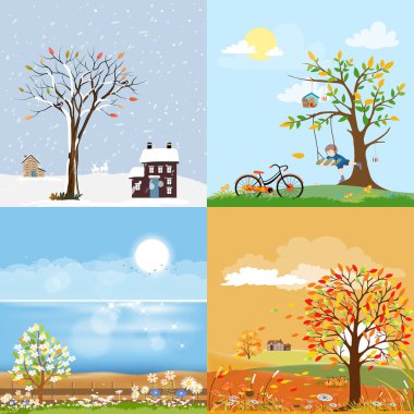 Dört mevsimin doğal arka planlarını. Kış harikalar diyarı, ilkbahar yeşil tarlası, yazın güneşli deniz plajı, sonbaharda çiftlik arazisi. Çizgi film düz dizaynını 4 sezon arkaplan olarak ayarla 