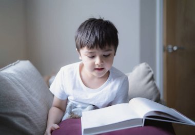 Otantik Çocuk, sabah parlak ışık saçan bir kitap okuyor, Mutlu çocuk pencerenin yanında oturup hikaye ya da çizgi film okuyor, Hight Light Child, Summer 'da evinde kanepede oturuyor ve dinleniyor.