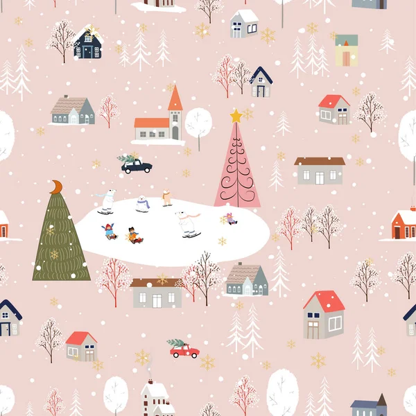 Seamless pattern Cute Christmas landscape in the town with fairy tale houses,car,polar bear playing ice skates and Christmas trees,Vector Panorama flat design in village on Christmas eve