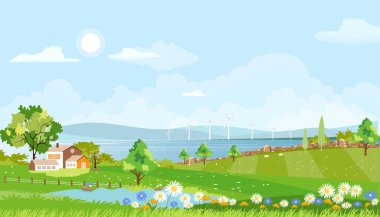 Tepelerde mavi gökyüzü, Vector Yazı ya da Bahar manzarası, yeşil tarlaların panoramik kırsalında çiftlik evi, ahır ve çim çiçekleri olan yeşil çayır manzarası 