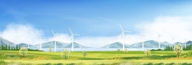 Yeşil çimen tarlalarında elektrik üretimi için yel değirmeni, bahar sabahı gökyüzü, tarım arazilerinde rüzgar enerjisiyle alternatif enerji yaratımı, güneşli bir günde türbin enerjisiyle manzara