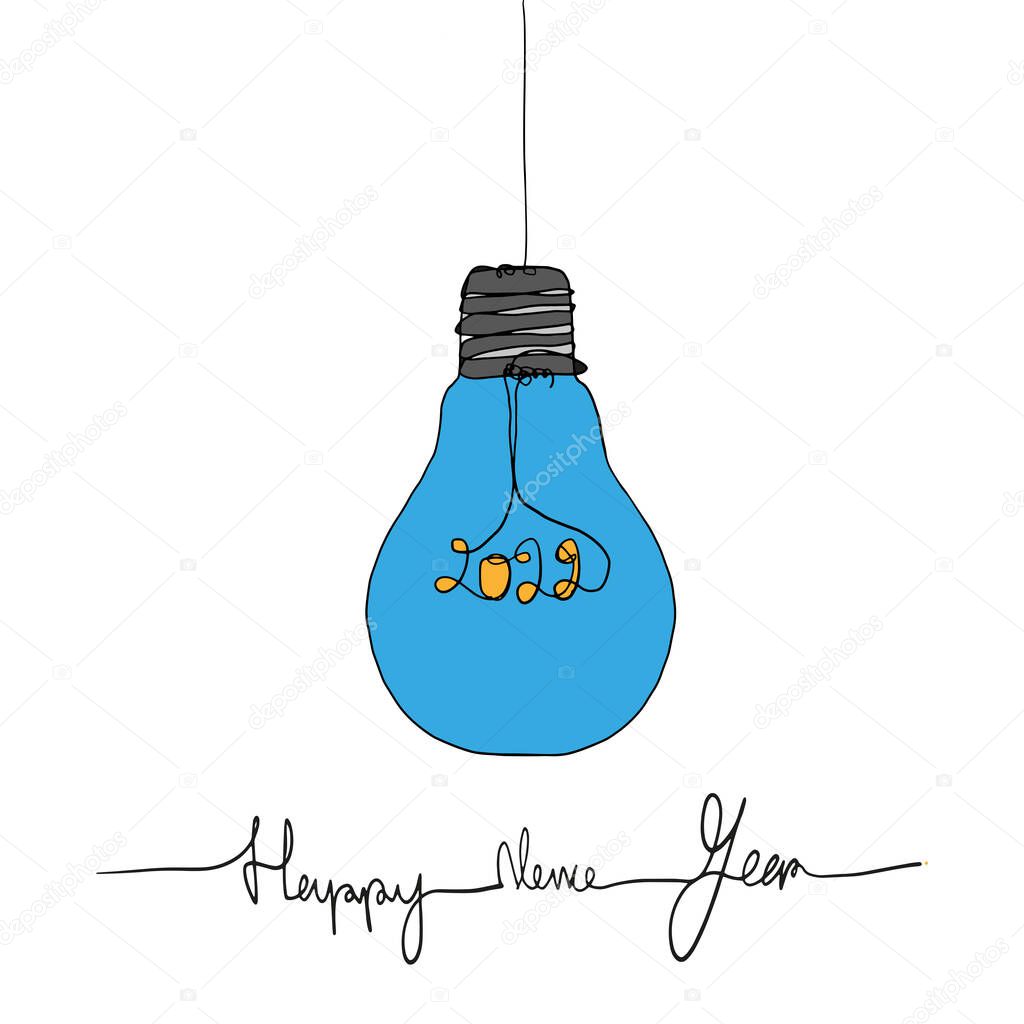 Creative light bulb line art typography text 2022 on blue colour.One line continue drawing style with Happy New Year idea for The solution on 2022 planning or Business glowing,celebrating