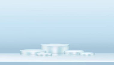 Mavi pastel arka plan üzerine kozmetik ya da güzellik ürünü sunumu için 3D kompozisyon boş gösteri podyumu, Geometrik şekil Mockup 'ın Vektör Minimum Tasarımı.
