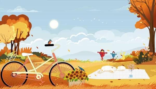 Autumn landscape wonderland forest ,Mid autumn natural in orange foliage with Kingfisher bird standing on bicycle and cat sleeping,Cute cartoon smiling scarecrow standing on farm fields in fall season